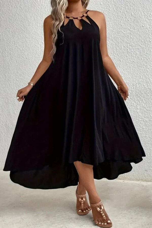 Kadın Boyundan Askılı Damla Detaylı Halkalı Asimetrik Kesim Viskon Elbise