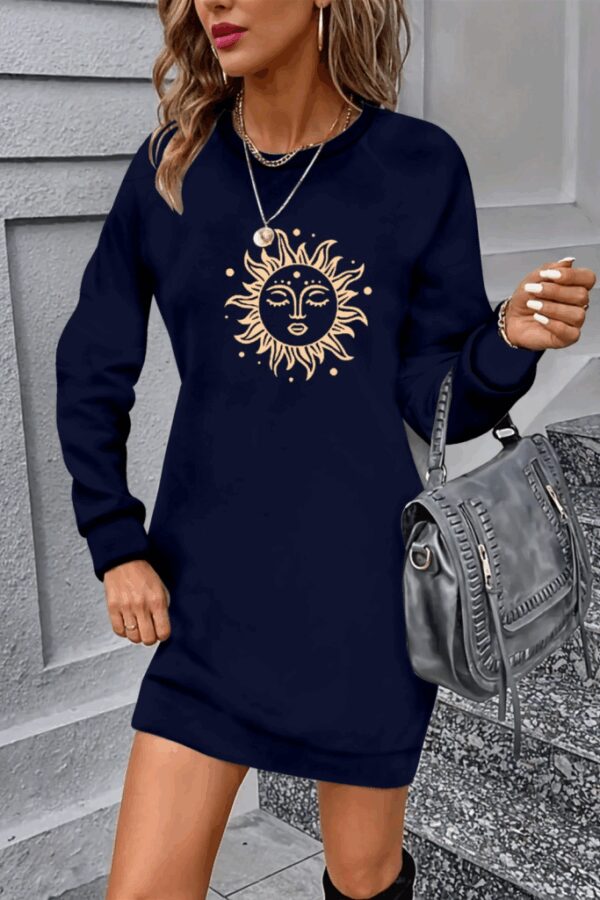 Kadın Uzun Kollu Bisiklet Yaka Güneş Desenli Viskon Iki Iplik Elbise