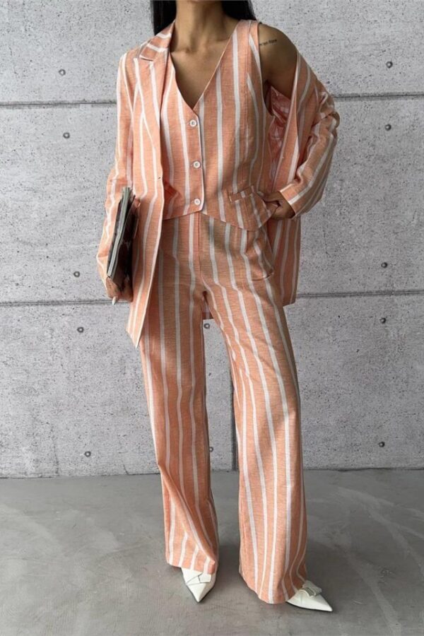 ÇİZGİLİ CEKET KETEN - Mavi