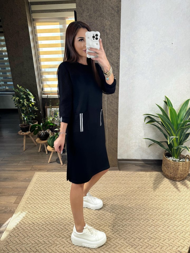 Kadın Viskon Pamuklu Kumaş Kol File , şerit Ve Cep Detaylı Elbise - Görsel 7