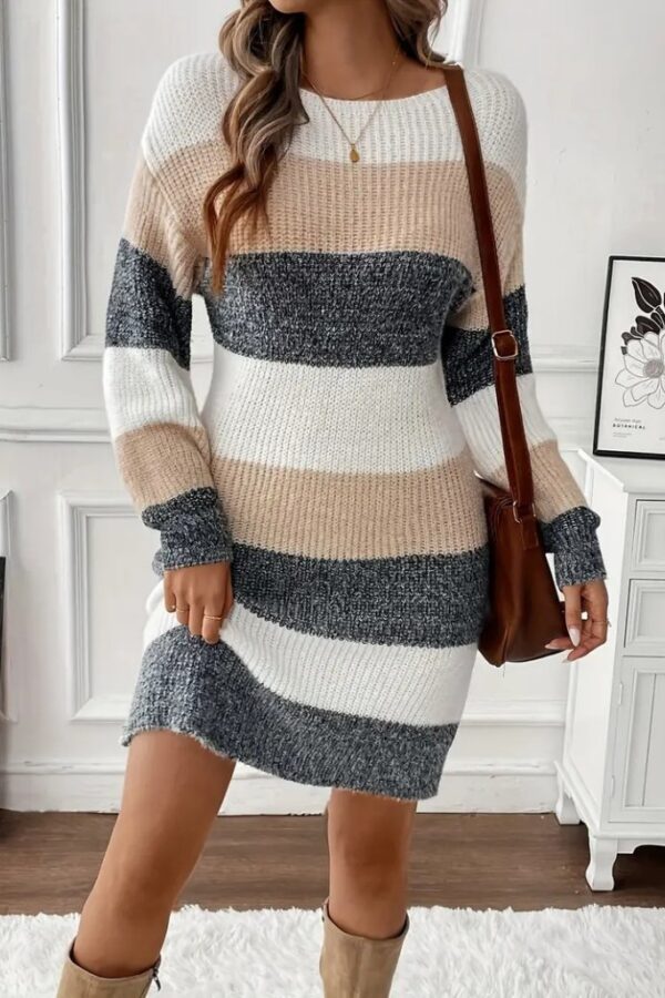 Kadın Uzun Kollu Yuvarlak Yaka çizgili çok Renkli Triko Elbise