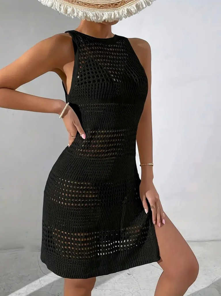 Kadın Kolsuz Derin Sırt Dekolteli Ajurlu Triko Pareo - Görsel 5