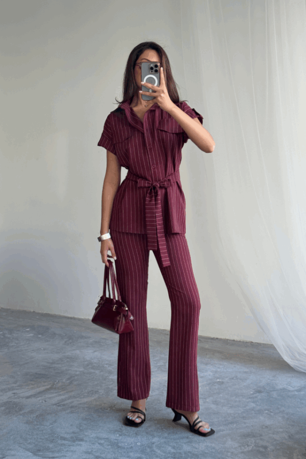 ÇİZGİLİ POLYVİSKON BLUZ - PANTOLON TAKIM - Siyah