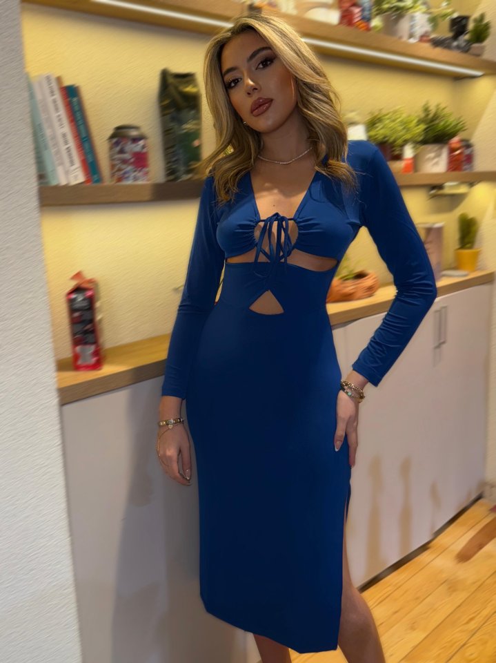 Kadın Uzun Kollu Göğüs Ve Göbek Dekolte Detay Sandy Midi Boy Elbise - Görsel 8