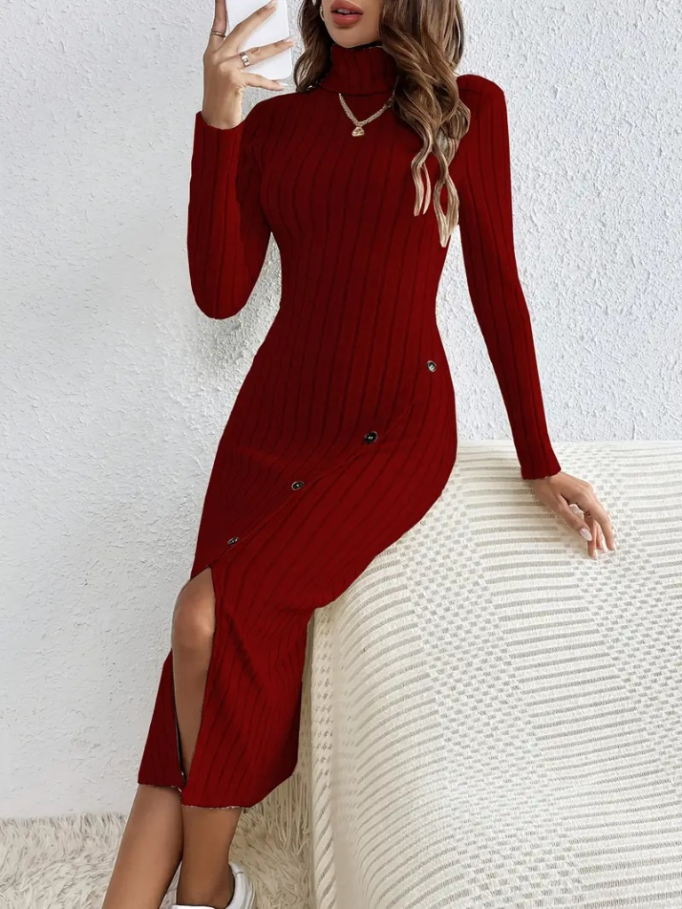 Kadın Uzun Kollu Balıkçı Yaka Yırtmaçlı Düğmeli şardonlu Kaşkorse Elbise - Görsel 9