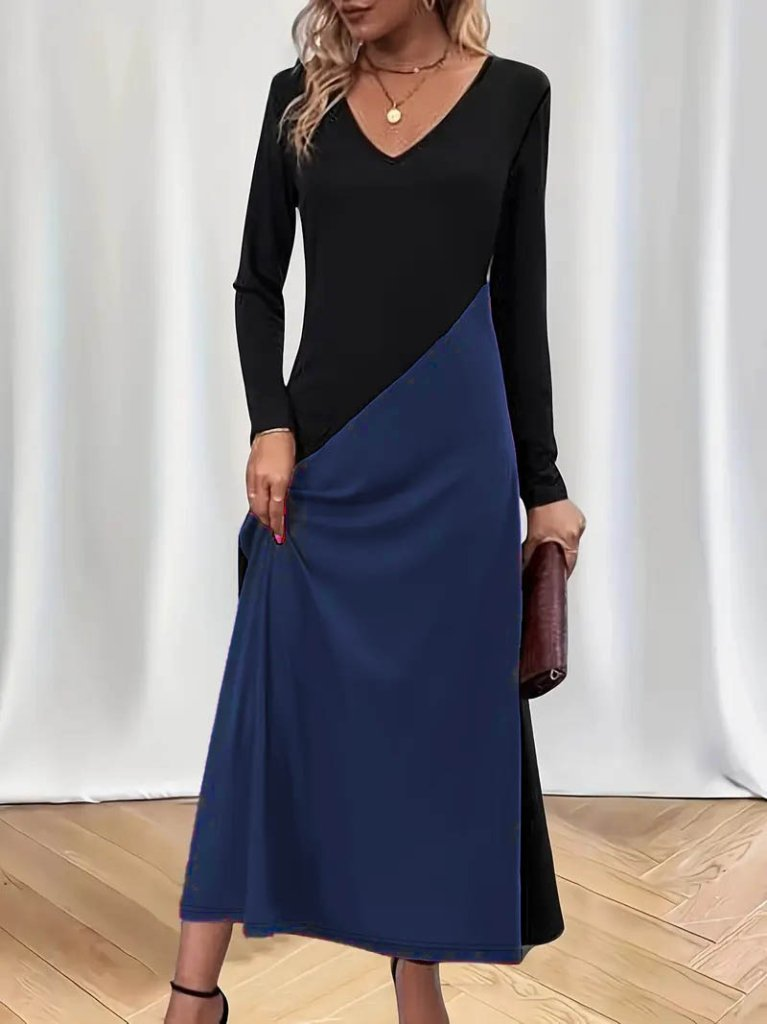 Kadın Uzun Kollu V Yakalı Blok Desenli Viskon Elbise - Görsel 5