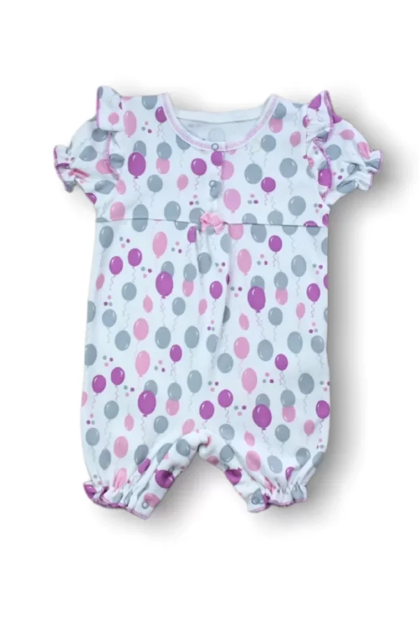 9-12 12-18 18-24 Ay Cemre Uçan Balon Baskılı Kısa Kollu Kız Bebek Tulumu Ekru