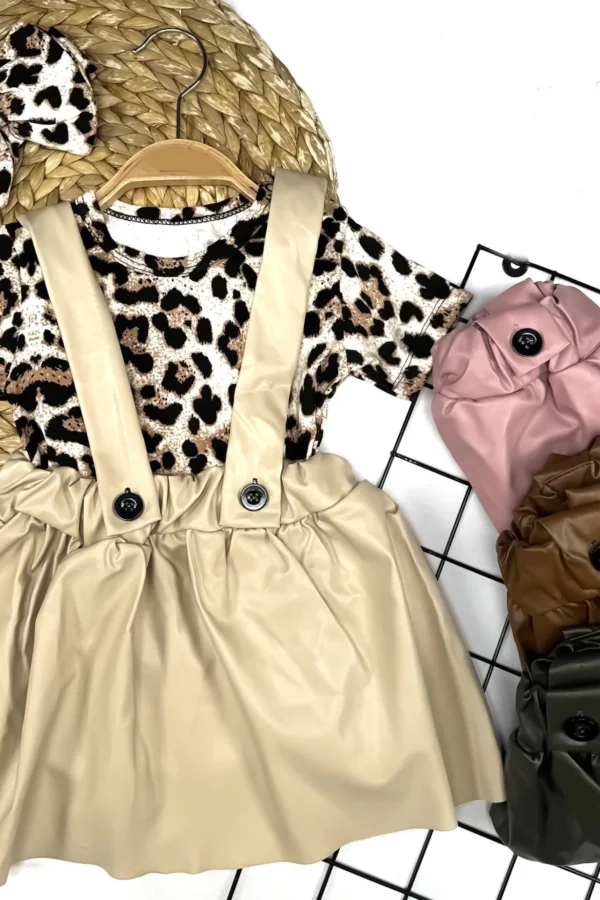 9-12-18-24-36 Ay Leopar Zıbınlı Tişört Bandajlı Deri Etekli 3lü Kız Bebek Salopet