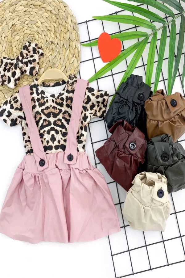 9-12-18-24-36 Ay Leopar Zıbınlı Tişört Bandajlı Deri Etekli 3lü Kız Bebek Salopet