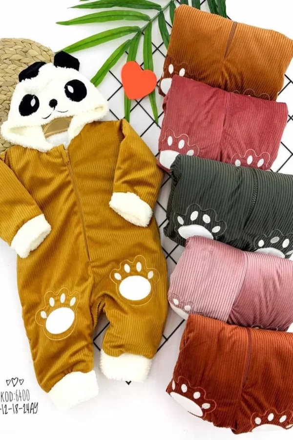 9-12-18-24 Ay Ayıcık Kapşonlu İçi Tüylü Fermuar Kapamalı Kadife Kumaş Kız Erkek Bebek Tulumu Pembe