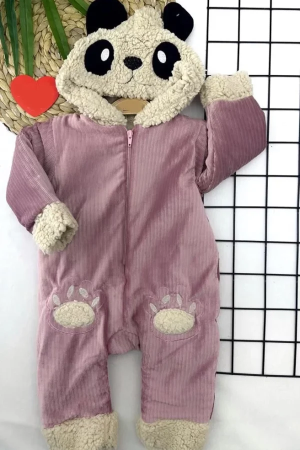 9-12-18-24 Ay Ayıcık Kapşonlu İçi Tüylü Fermuar Kapamalı Kadife Kumaş Kız Erkek Bebek Tulumu Gül Kurusu