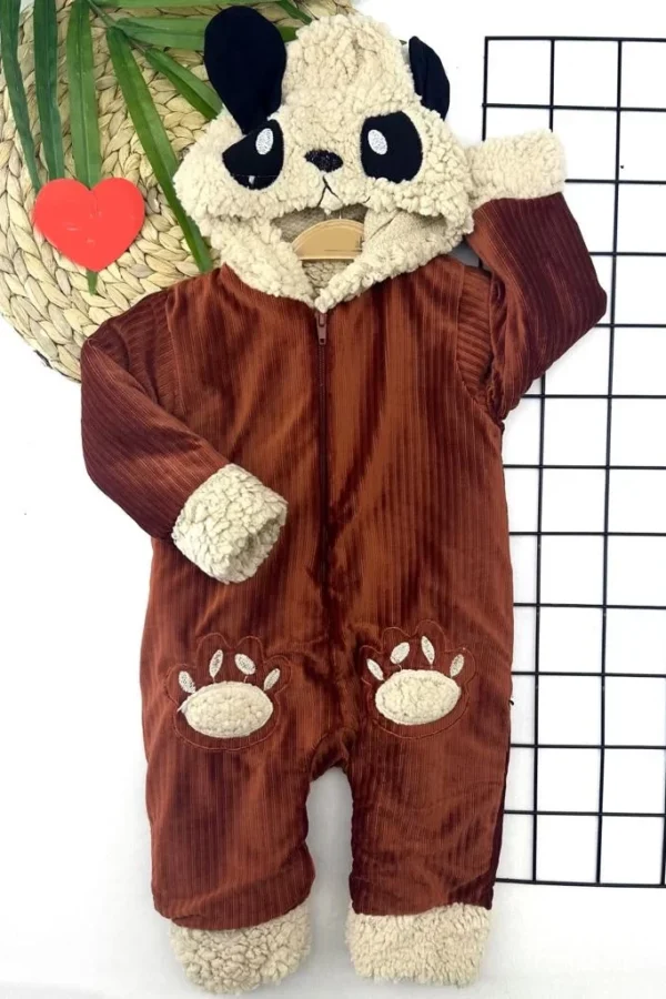 9-12-18-24 Ay Ayıcık Kapşonlu İçi Tüylü Fermuar Kapamalı Kadife Kumaş Kız Erkek Bebek Tulumu Kahverengi