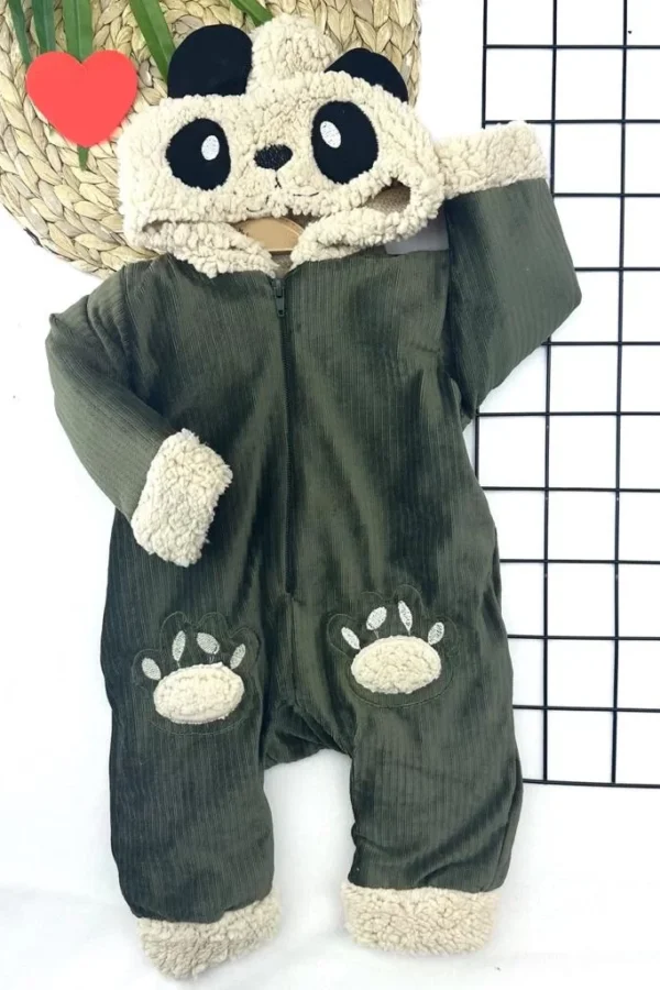 9-12-18-24 Ay Ayıcık Kapşonlu İçi Tüylü Fermuar Kapamalı Kadife Kumaş Kız Erkek Bebek Tulumu Yeşil