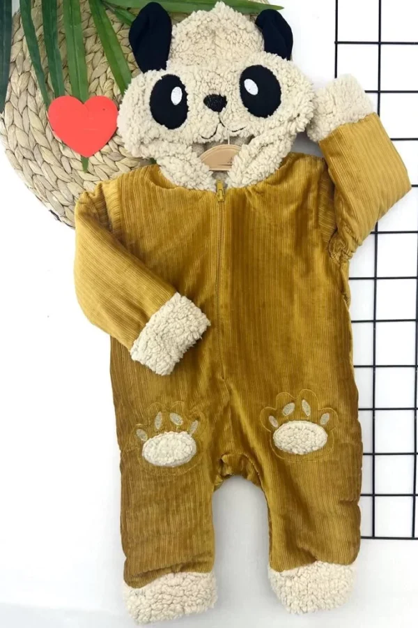 9-12-18-24 Ay Ayıcık Kapşonlu İçi Tüylü Fermuar Kapamalı Kadife Kumaş Kız Erkek Bebek Tulumu Hardal