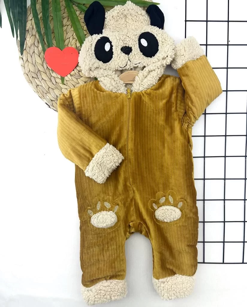 9-12-18-24 Ay Ayıcık Kapşonlu İçi Tüylü Fermuar Kapamalı Kadife Kumaş Kız Erkek Bebek Tulumu