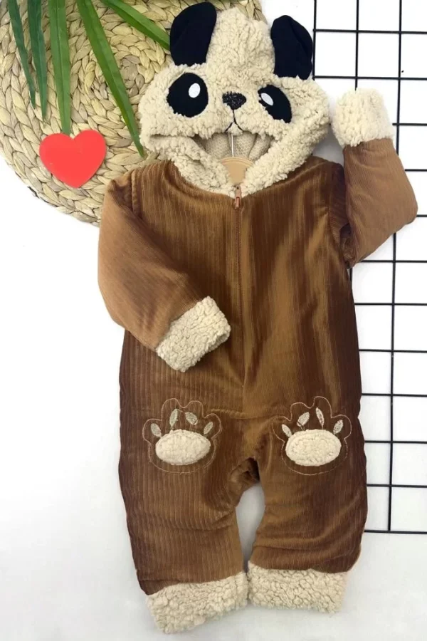 9-12-18-24 Ay Ayıcık Kapşonlu İçi Tüylü Fermuar Kapamalı Kadife Kumaş Kız Erkek Bebek Tulumu Bej