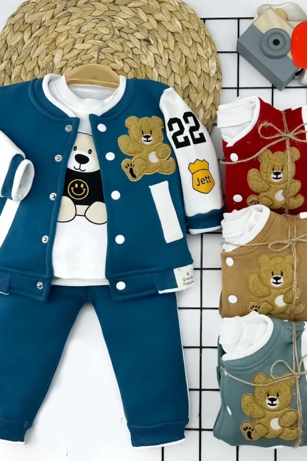 9-12-18-24 Ay Ayıcık Nakışlı Düğmeli Ceket Pantolon Uzun Kollu Sweatli 3lü Kız Erkek Bebek Takımı Kırmızı