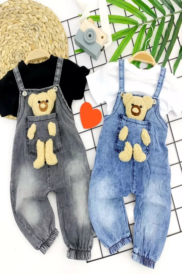 9-12-18-24 Ay Ayıcıklı Cep Kot Kumaş Tişörtlü 2li Kız Erkek Bebek Salopet Takımı