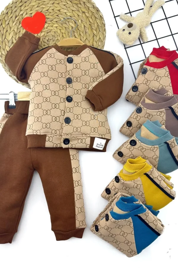 9-12-18-24 Ay Baskılı Düğme Kapamalı Uzun Kollu 2li Kız Erkek Bebek Takımı Saks Mavisi