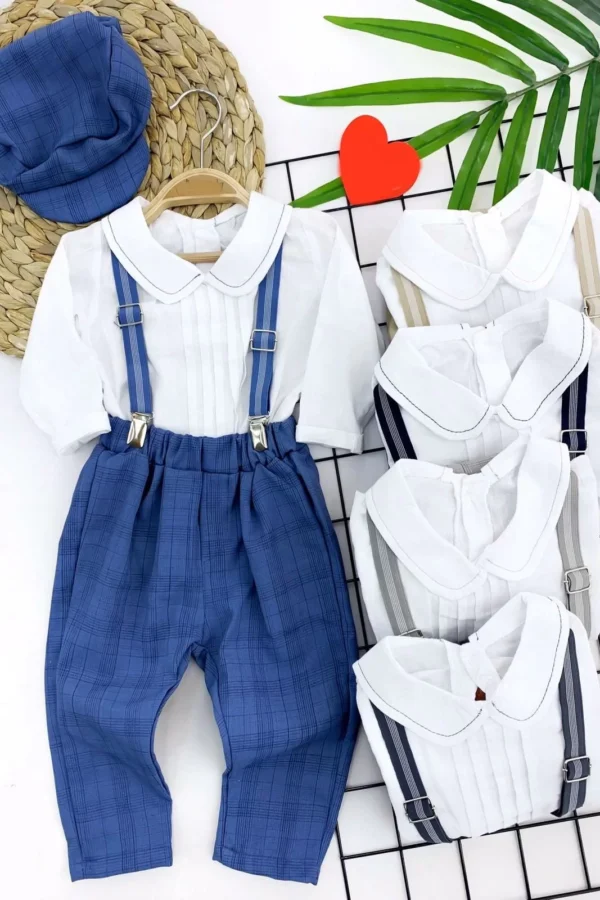 9-12-18-24 Ay Bebe Yakalı Gömlek  Ekose Desenli Kasketli 3lü Erkek Bebek Salopet Takımı