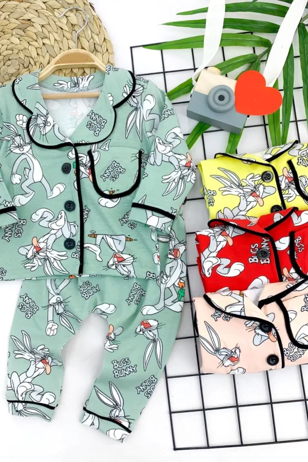 9-12-18-24 Ay Bugs Bunny Baskılı Düğme Kapama 2li Kız Erkek Bebek Pijama Takımı Yeşil