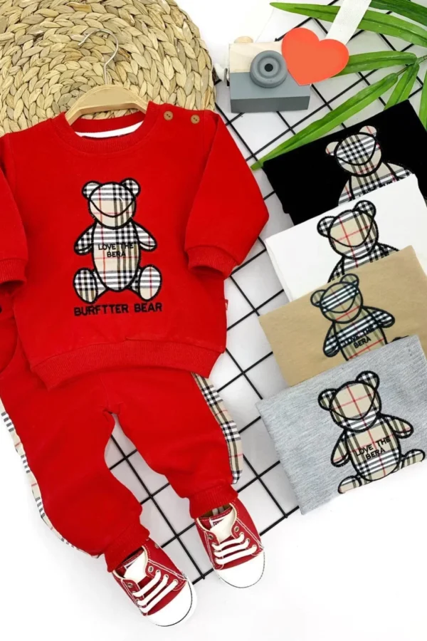 9-12-18-24 Ay Burftter Bear Baskılı 2li Kız Erkek Bebek Takımı Beyaz