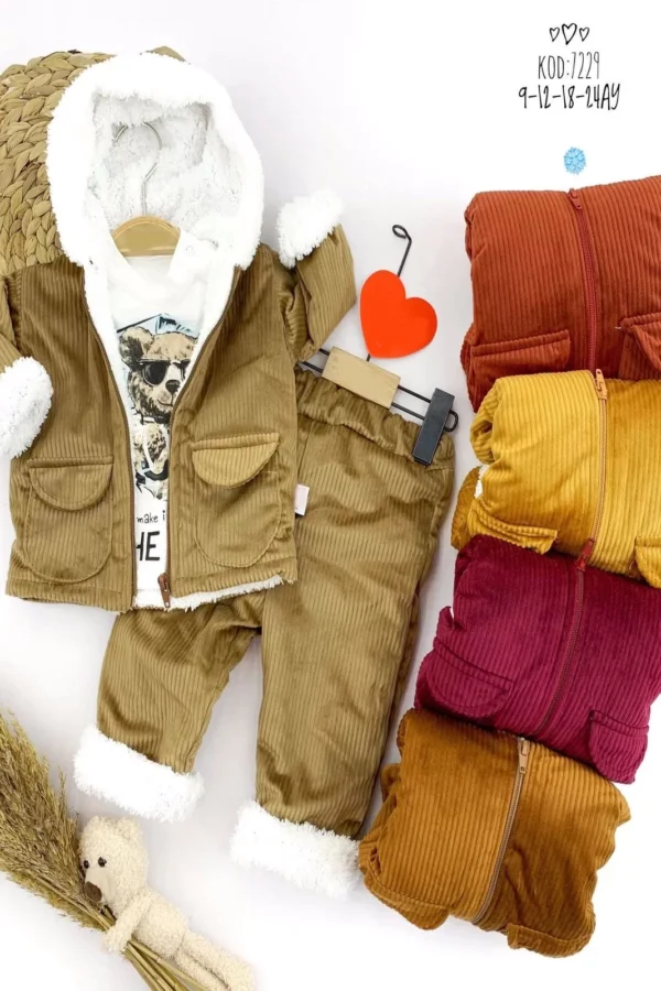 9-12-18-24 Ay Cepli Kapşonlu İçi Welsoft Fermuar Kapamalı Ceket Kadife 3lü Kız Erkek Bebek Takımı Bej
