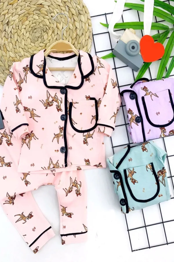 9-12-18-24 Ay Ceylan Baskılı Düğme Kapamalı 2li Kız Erkek Bebek Pijama Takımı Lila