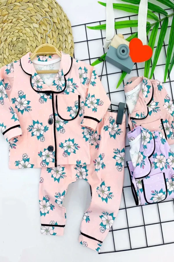 9-12-18-24 Ay Çiçek Baskılı Düğme Kapamalı 2li Kız Erkek Bebek Pijama Takımı Lila