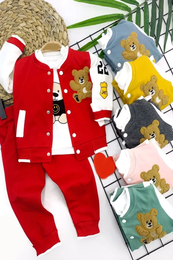 9-12-18-24 Ay Çıt Çıt Kapama Ayı Armalı Ceket 3lü Erkek Bebek Takımı Kırmızı