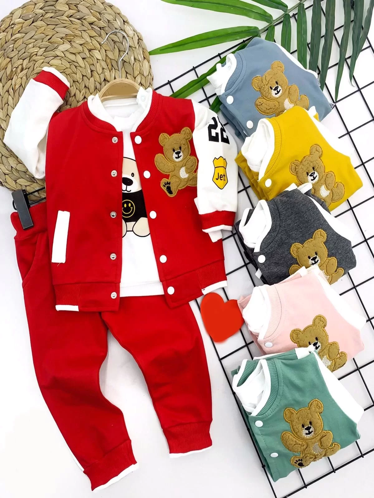 9-12-18-24 Ay Çıt Çıt Kapama Ayı Armalı Ceket 3lü Erkek Bebek Takımı