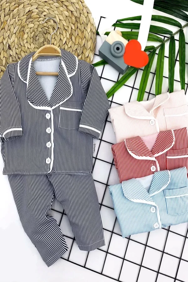 9-12-18-24 Ay Çizgili Düğme Kapamalı 2li Kız Erkek Bebek Pijama Takımı Siyah