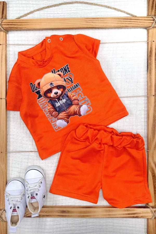 9-12-18-24 Ay Dansçı Ayıcık Baskılı Şortlu Kısa Kollu Tişört 2li Erkek Bebek Takımı