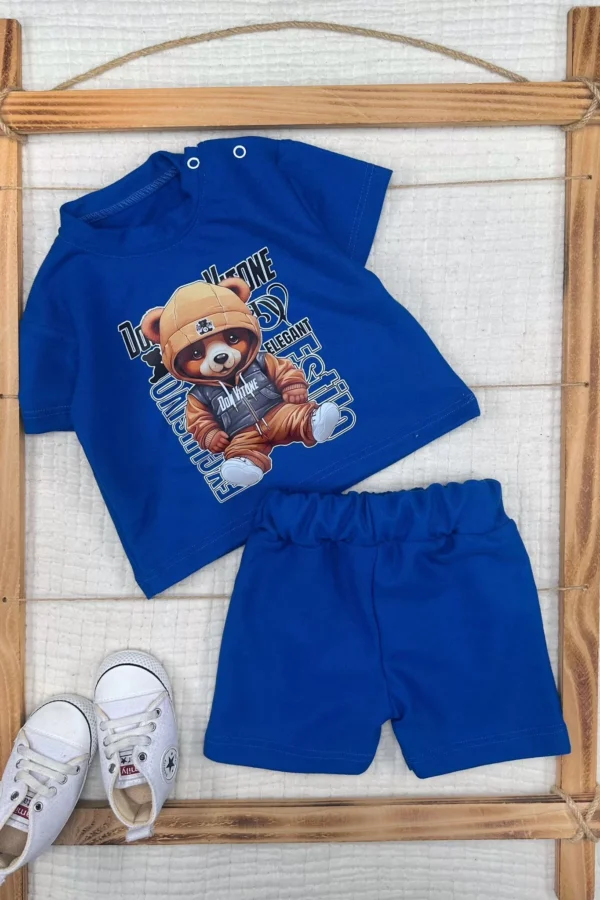 9-12-18-24 Ay Dansçı Ayıcık Baskılı Şortlu Kısa Kollu Tişört 2li Erkek Bebek Takımı