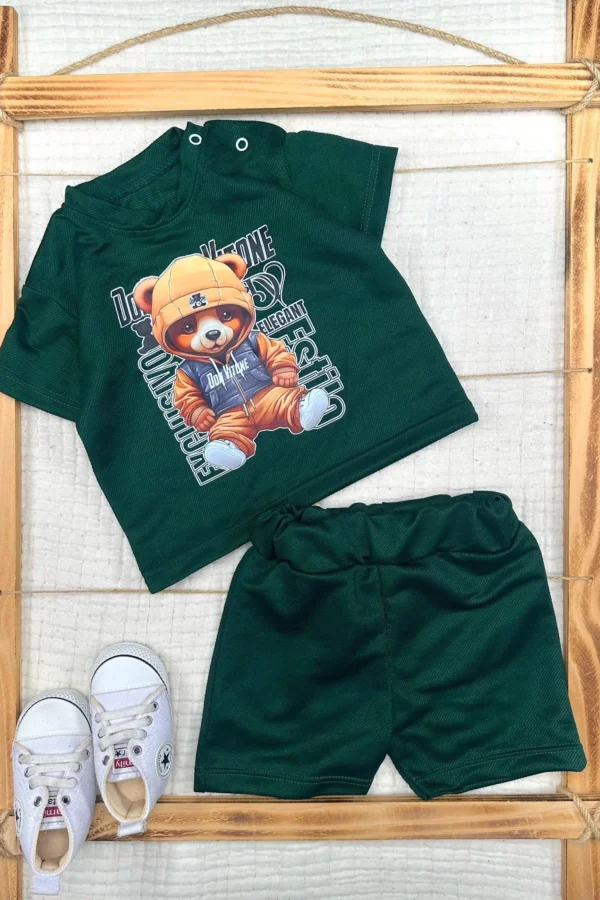 9-12-18-24 Ay Dansçı Ayıcık Baskılı Şortlu Kısa Kollu Tişört 2li Erkek Bebek Takımı