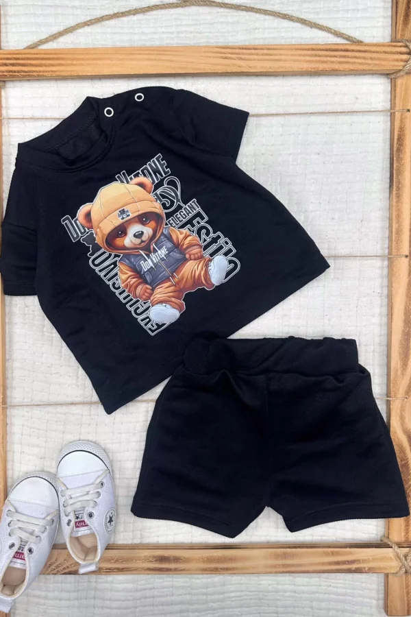 9-12-18-24 Ay Dansçı Ayıcık Baskılı Şortlu Kısa Kollu Tişört 2li Erkek Bebek Takımı
