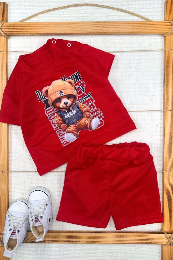 9-12-18-24 Ay Dansçı Ayıcık Baskılı Şortlu Kısa Kollu Tişört 2li Erkek Bebek Takımı