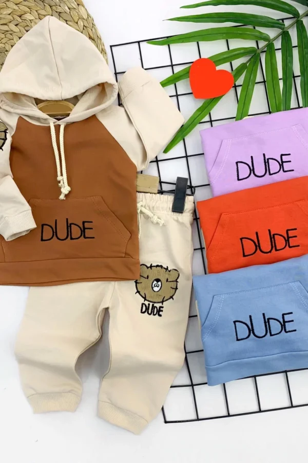 9-12-18-24 Ay Dude Kedi Nakışlı Kapşonlu 2li Kız Erkek Bebek Takımı