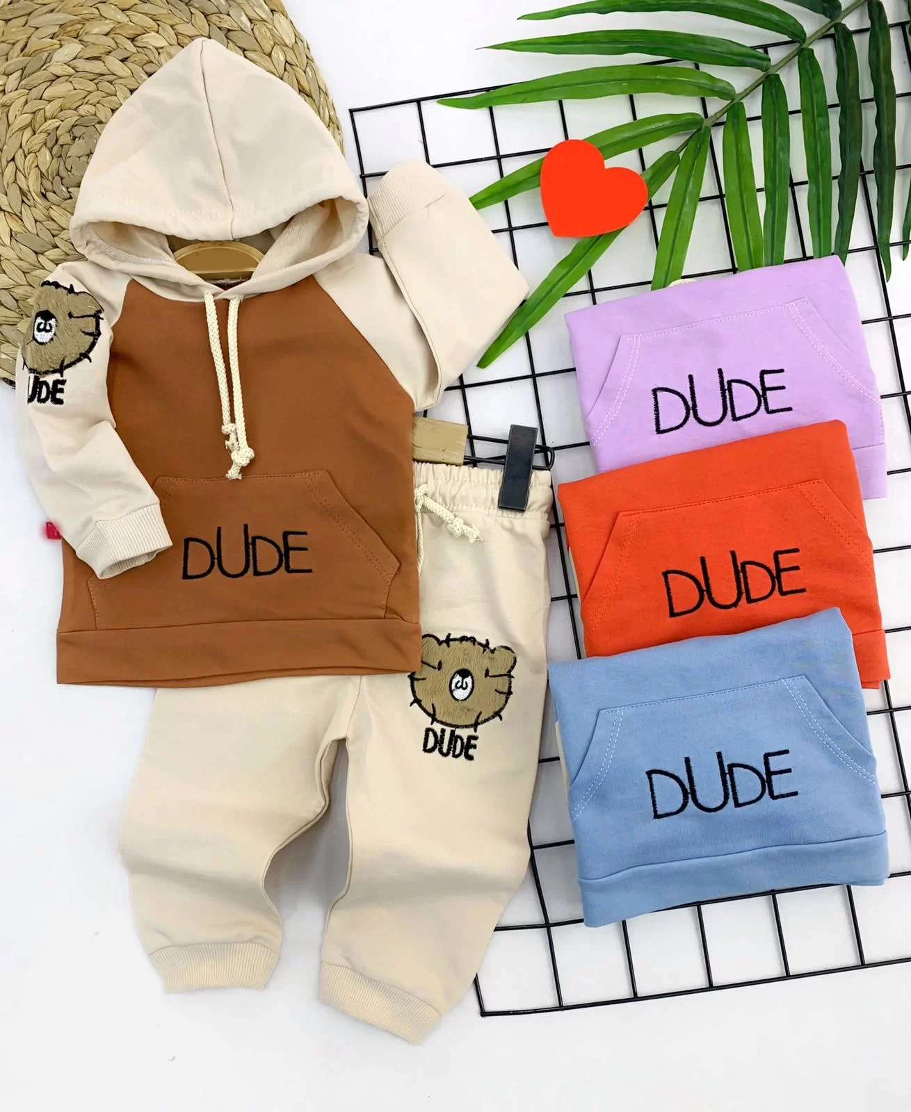 9-12-18-24 Ay Dude Kedi Nakışlı Kapşonlu 2li Kız Erkek Bebek Takımı