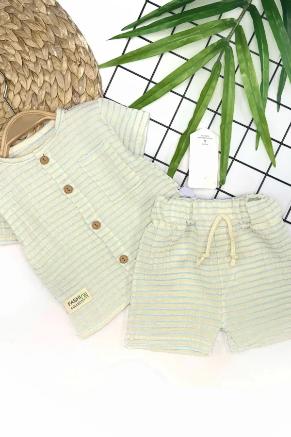9-12-18-24 Ay Düğme Detaylı Çizgili Müslin Kumaş Yazlık 2li Erkek Bebek Takımı