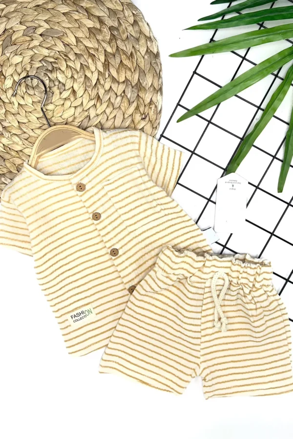 9-12-18-24 Ay Düğme Detaylı Çizgili Müslin Kumaş Yazlık 2li Erkek Bebek Takımı