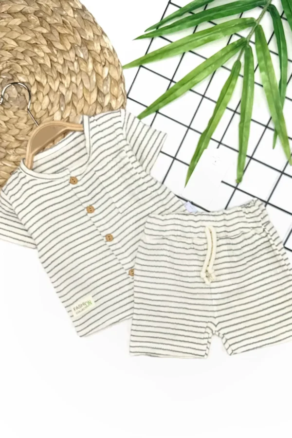 9-12-18-24 Ay Düğme Detaylı Çizgili Müslin Kumaş Yazlık 2li Erkek Bebek Takımı