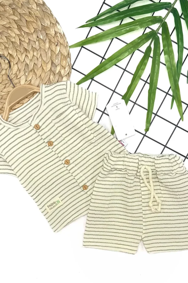 9-12-18-24 Ay Düğme Detaylı Çizgili Müslin Kumaş Yazlık 2li Erkek Bebek Takımı