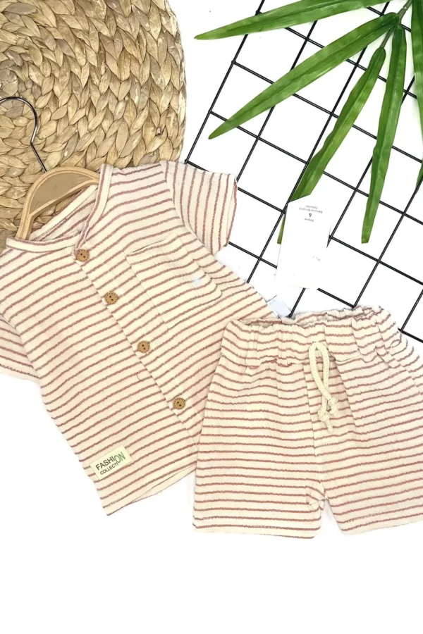 9-12-18-24 Ay Düğme Detaylı Çizgili Müslin Kumaş Yazlık 2li Erkek Bebek Takımı