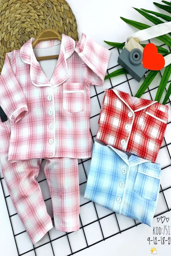 9-12-18-24 Ay Düğme Kapamalı Ekose Desenli 2li Kız Erkek Bebek Pijama Takımı Mavi