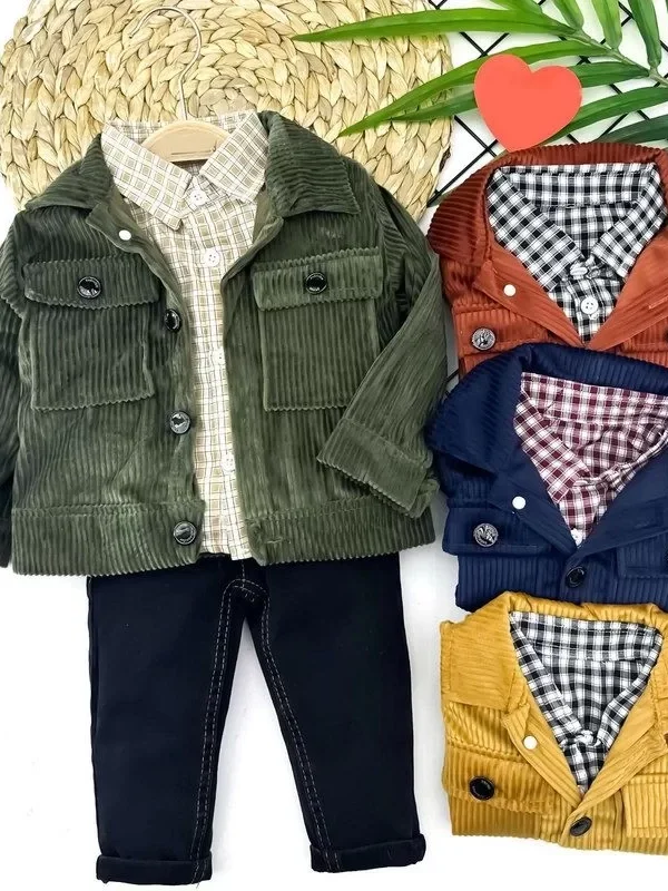 9-12-18-24 Ay Düğme Kapamalı Kadife Ceket Uzun Kollu Gömlek Kot Pantolon 3lü Erkek Bebek Takımı