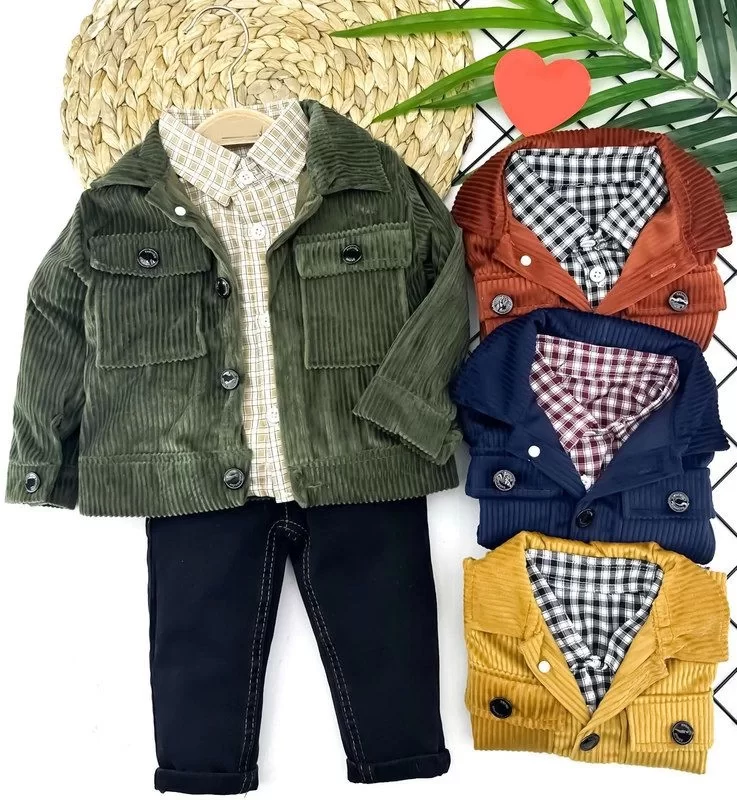 9-12-18-24 Ay Düğme Kapamalı Kadife Ceket Uzun Kollu Gömlek Kot Pantolon 3lü Erkek Bebek Takımı