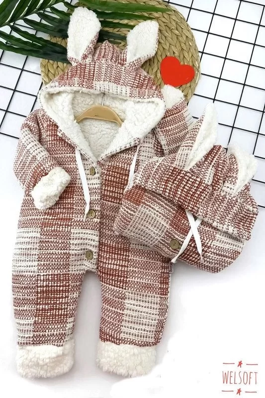 9-12-18-24 Ay Düğme Kapamalı Kapşonlu Kare Desenli Örme Kumaş Kız Erkek Bebek Tulumu Kahverengi