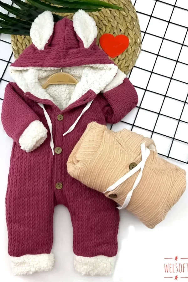 9-12-18-24 Ay Düğme Kapamalı Kapşonlu Örme Kumaş Kız Erkek Bebek Tulumu Krem