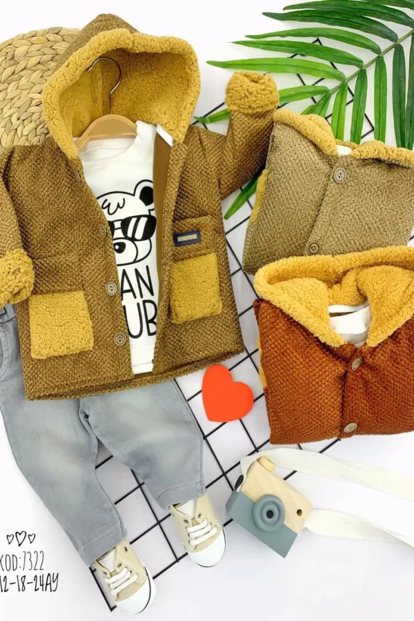 9-12-18-24 Ay Düğme Kapamalı Kapşonlu Triko Ceket Sweatli Kot Pantolon 3lü Erkek Bebek Takımı